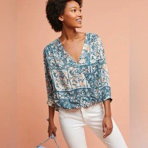 Anthropologie Maeve Gianna Wrap V-Neck Blouse Women's Medium Green Floral Boho